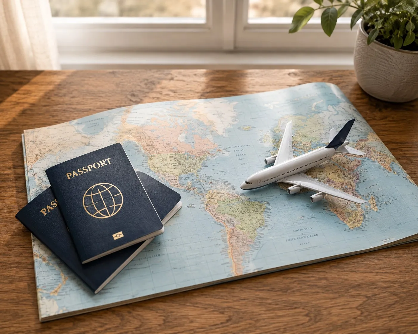 Two passports and a toy airplane resting on a world map